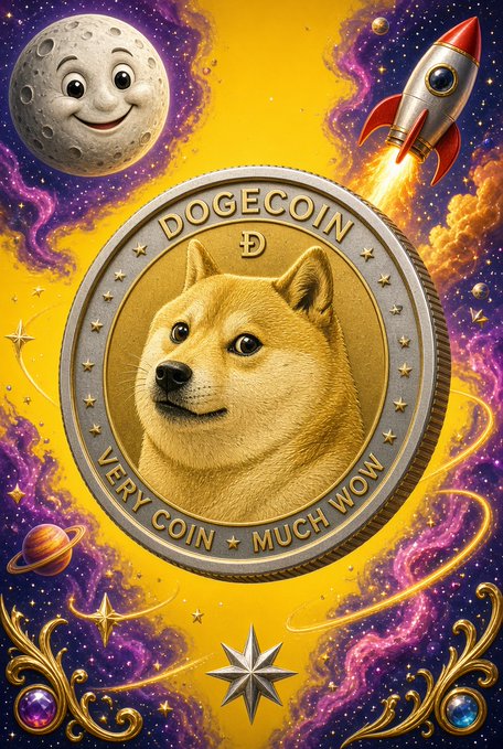 A stylized illustration of a Dogecoin (DOGE) coin featuring the Shiba Inu dog face, surrounded by space-themed elements including a smiling moon, a rocket ship, planets, and stars with 'VERY COIN MUCH WOW' inscribed.