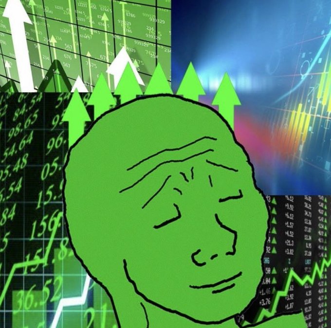 A stylized green illustrated face (a "wojak" or "doomer" meme character) with upturned eyes appears against a backdrop of stock market charts, green upward arrows, and numerical ticker data. The image evokes an optimistic, euphoric market sentiment, visually capturing the "We're winning tomorrow" caption's bullish outlook with rising arrows and positive price action.