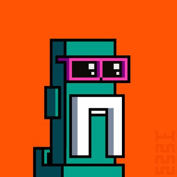 A pixel art character with teal and dark green coloring, wearing pink sunglasses and a smiling white face, set against an orange background.
