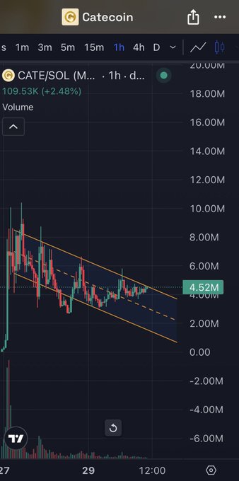 A 1-hour candlestick chart of CATE/SOL on Catecoin shows the token's price action consolidated within a descending channel, with volume declining to around 4.52M and current price at 109.53K (+2.48%), highlighting an interesting support level being tested as suggested by the post.