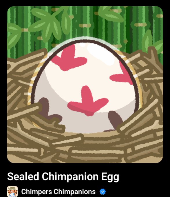 A digital art piece titled 'Sealed Chimpanion Egg' from Chimpers Chimpanions, showing a pink and white egg in a nest with bamboo.
