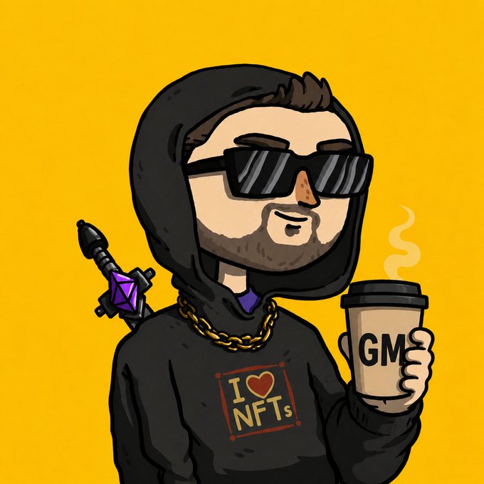 A cartoon illustration of a bearded character in a black hoodie and sunglasses holding a 'GM' coffee cup, wearing an 'I ❤ NFTs' shirt with a sword strapped to his back, set against a yellow background.