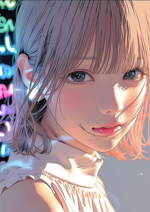 A digital anime-style portrait of a young woman with light brown hair and large expressive eyes, illuminated by warm lighting against a backdrop of colorful neon signs, evoking a nostalgic, dreamy aesthetic that pairs with the casual "GM" (good morning) greeting.