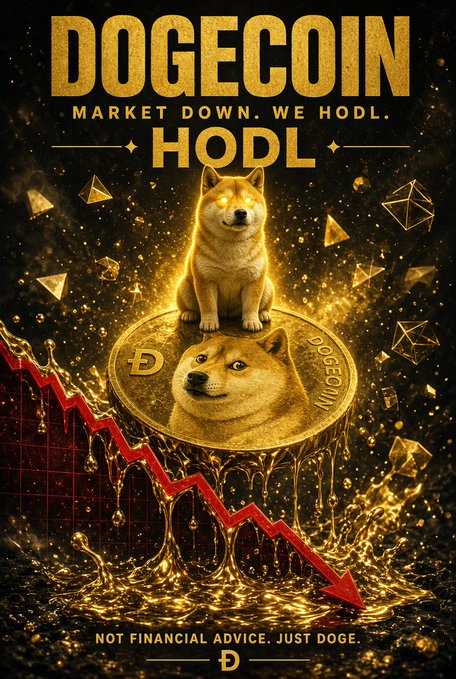 A promotional poster for Dogecoin featuring a Shiba Inu sitting on a gold coin with the text 'DOGECOIN MARKET DOWN. WE HODL. HODL' and 'NOT FINANCIAL ADVICE. JUST DOGE.'