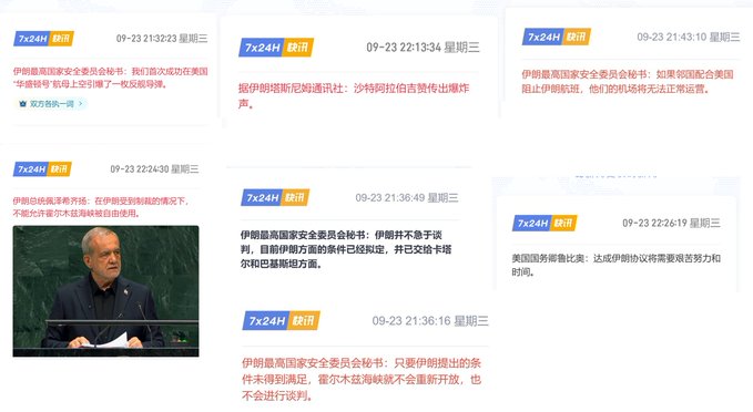 A collection of Chinese news headlines from 7x24H 快讯 dated 09-23, discussing the Iran Supreme National Security Council, Trump's statements, and Iran-Russia relations regarding nuclear issues.