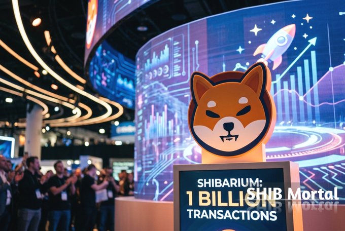 A screen displays "SHIBARIUM: 1 BILLION TRANSACTIONS" with a Shiba Inu logo, symbolizing the project's milestone in the context of the accompanying post about the $SHIB ecosystem.