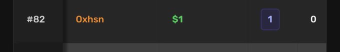Screenshot showing token listing details: rank #82, ticker "0xhsn", price $1, with a quantity of 1.