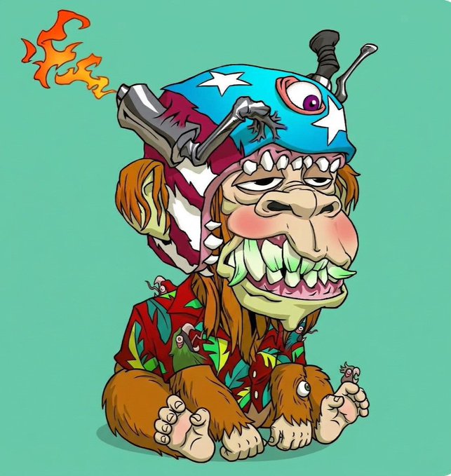 A cartoon illustration of a creature wearing an American flag-themed hat and a red patterned shirt, with flames emerging from a gun barrel on its head.