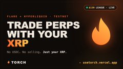An advertisement for Torch Wallet featuring a flame logo with the text "TRADE PERPS WITH YOUR XRP" on an orange background.