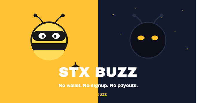 The image features a split design with a cartoon bee character wearing a black mask on a yellow background beside a darker bee silhouette against a navy background, with the bold text "STX BUZZ" and the tagline "No wallet. No signup. No payouts." — visually reinforcing the post's message about a bot-free, wallet-less crypto game where rankings are earned purely through gameplay rather than financial incentive.