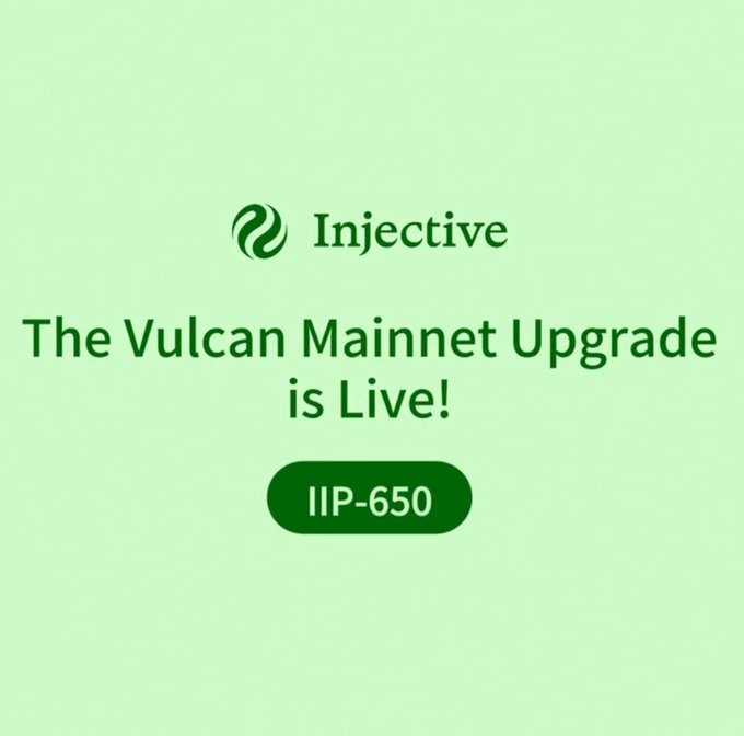The image features a green background with white text that reads "Injective's Vulcan upgrade is now live, bringing major improvements to the network." The text also mentions that the update includes "Native USDC" and "Focus on what is in the image and how it relates to the post".