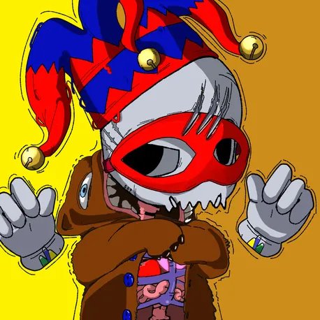 A colorful cartoon illustration of a jester-like character with a red and blue hat, red mask, and grey skin, with a menacing toothy grin and raised hands.
