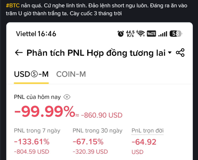 A screenshot of a Vietnamese crypto trading app showing a PNL analysis page with a devastating -99.99% loss (~$860.90 USD) for the day, alongside captions about Bitcoin losses.