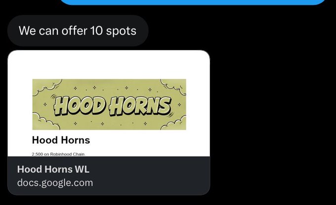 A Discord message reads 'We can offer 10 spots' above an embedded link for 'Hood Horns' on the Robinhood Chain, pointing to a Google Docs page titled 'Hood Horns WL'.