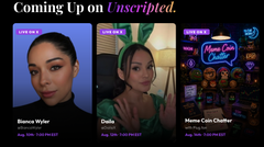 The image is a promotional graphic titled "Coming Up on Unscripted" featuring three guests: Bianca Wyler (LIVE NEWS), Dasha (LIVE NEWS), and Mama Coin Chatter (LIVE NEWS) on a show airing "Aug. 11th 7:00 PM EST." It ties to the post by announcing an upcoming episode of "Meme Coin Chatter" featuring host Mama Coin Chatter in conversation with guest Plug on Tele.