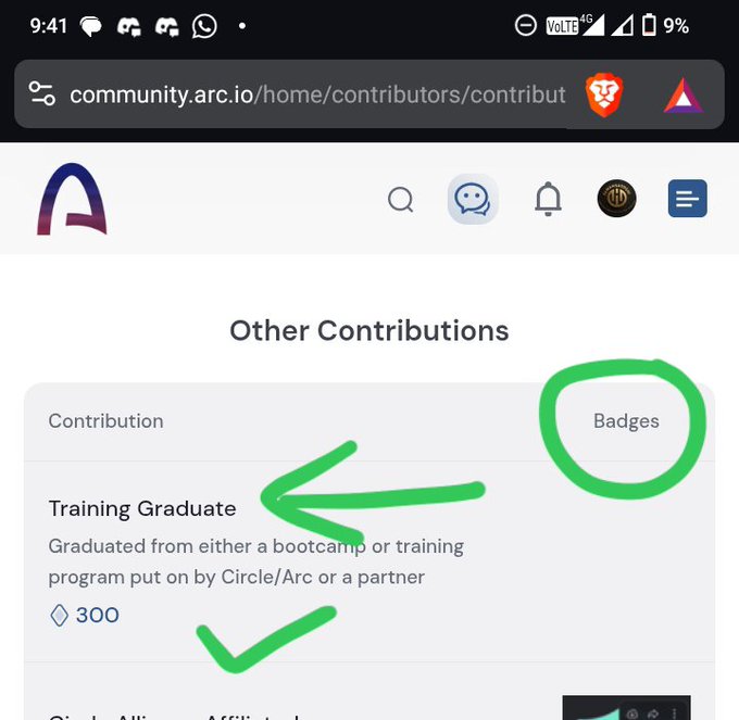 A screenshot of the Arc community website (community.arc.io/home/contributors/contribut) shows the "Other Contributions" section, with green annotations highlighting the "Badges" header and a checkmark beside the "Training Graduate" contribution entry, which reads "Graduated from either a bootcamp or training program put on by Circle/Arc or a partner" and is worth 300 diamonds.