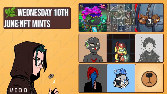 The image features a poster for an event called "Mints" that took place on Wednesday, 10th June at 10am. The poster displays various images of cartoon characters or people with different styles and colors. There are also descriptions of the event, such as "Stamp Worlds", "@stampworlds by @PepeExplorers", and "10,000 Supply". The post is scheduled to run from 10:00 am to 4:20 pm (UTC) at the specified time.