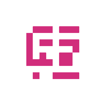 A pink geometric logo consisting of interconnected squares and rectangles on a white background.