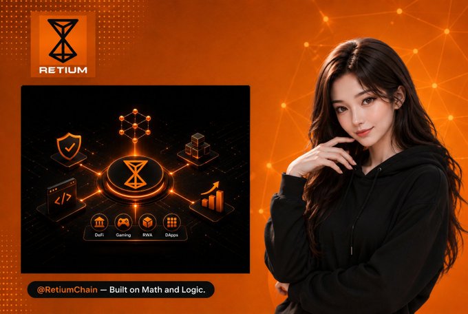 A promotional graphic for @RetiumChain features the project's orange hourglass-style logo alongside an infographic highlighting its core offerings—DeFi, Gaming, RWA, and DApps—with the tagline "Built on Math and Logic." A young woman in a black hoodie appears on the right against a tech-inspired orange background, visually reinforcing the post's message about RetiumChain's next-generation blockchain whitepaper and decentralized infrastructure vision.