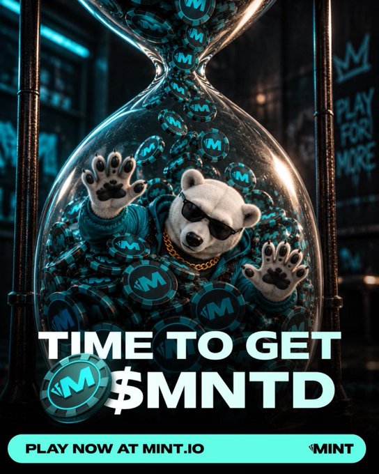 A promotional graphic featuring a bear mascot in sunglasses inside a glass vessel filled with crypto coins, with bold text reading "TIME TO GET $MNTD" and "PLAY NOW AT MINT.IO".