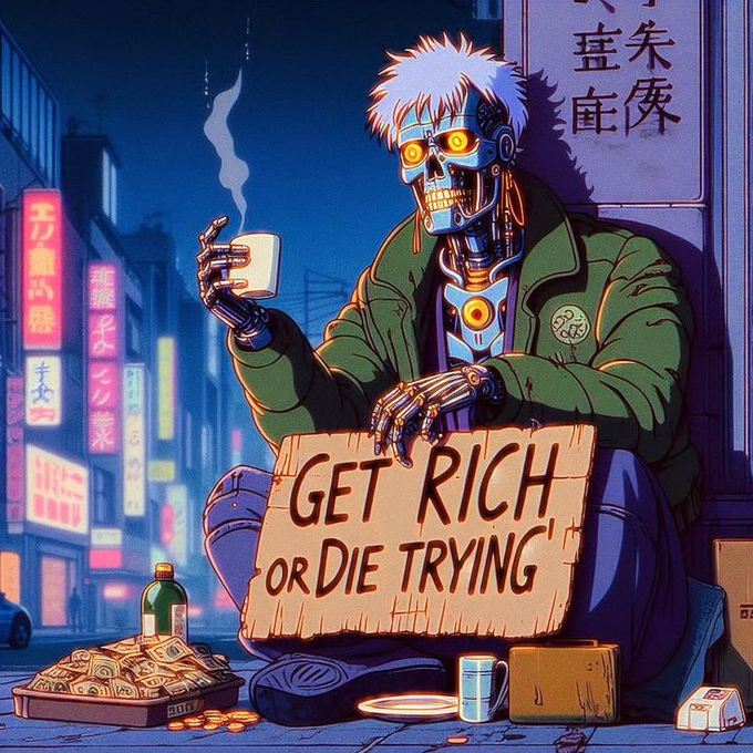 The image shows a man in a green jacket sitting outside next to two objects - an empty sign with the text "Get Rich or Die Trying" written on it and some food. The scene is set against a cityscape, suggesting that this may be happening in a busy urban area where people are buying or selling various goods, such as food items, for money or cryptocurrency. It appears to be an ongoing transaction involving items being offered for sale along with crypto exchanges taking place nearby.