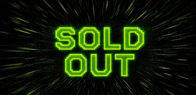 A bright green pixelated "SOLD OUT" sign displayed against a black background with radiating yellow light streaks, announcing the complete sellout of the NFT collection. The vibrant, retro-style graphic reinforces the celebratory tone of the post thanking minters for successfully claiming the full 1,776 supply on OpenSea.