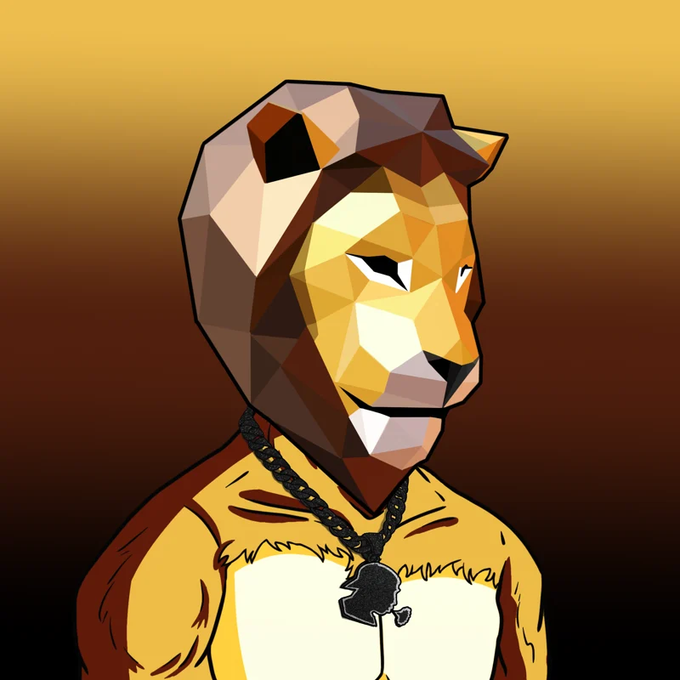 A digital illustration of a lioness wearing a hood, rendered in a geometric/polygonal art style with a yellow-to-brown gradient background.