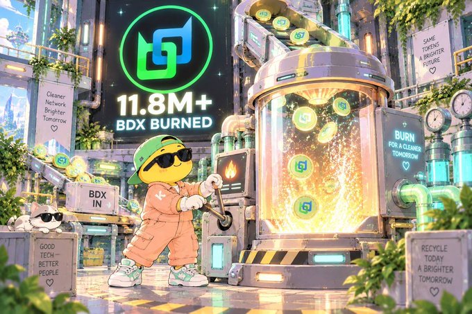 A colorful digital illustration of a character in an orange jumpsuit and yellow cap operating a machine, featuring text '11.8M+ BDX BURNED' alongside messages about a cleaner network.