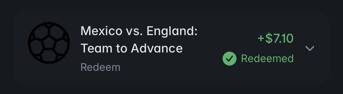 The image shows a redeemed Polymarket bet on "Mexico vs. England: Team to Advance" with a payout of +$7.10, confirming the user's winnings on their successful prediction that England would advance past Mexico.