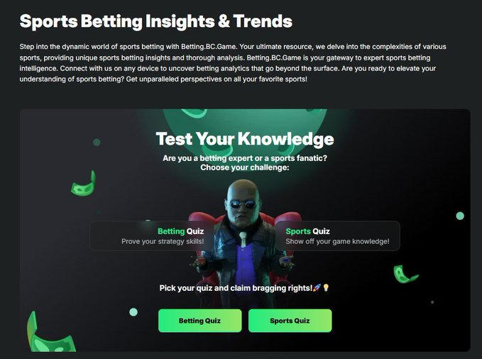 The image shows a "Sports Betting Insights & Trends" page from Betting BC.Game, featuring a "Test Your Knowledge" section with options to take a "Betting Quiz" or "Sports Quiz" alongside a character graphic, reinforcing the post's endorsement of BC.Game as a centralized hub for sports betting data, trends, and analysis before placing wagers.
