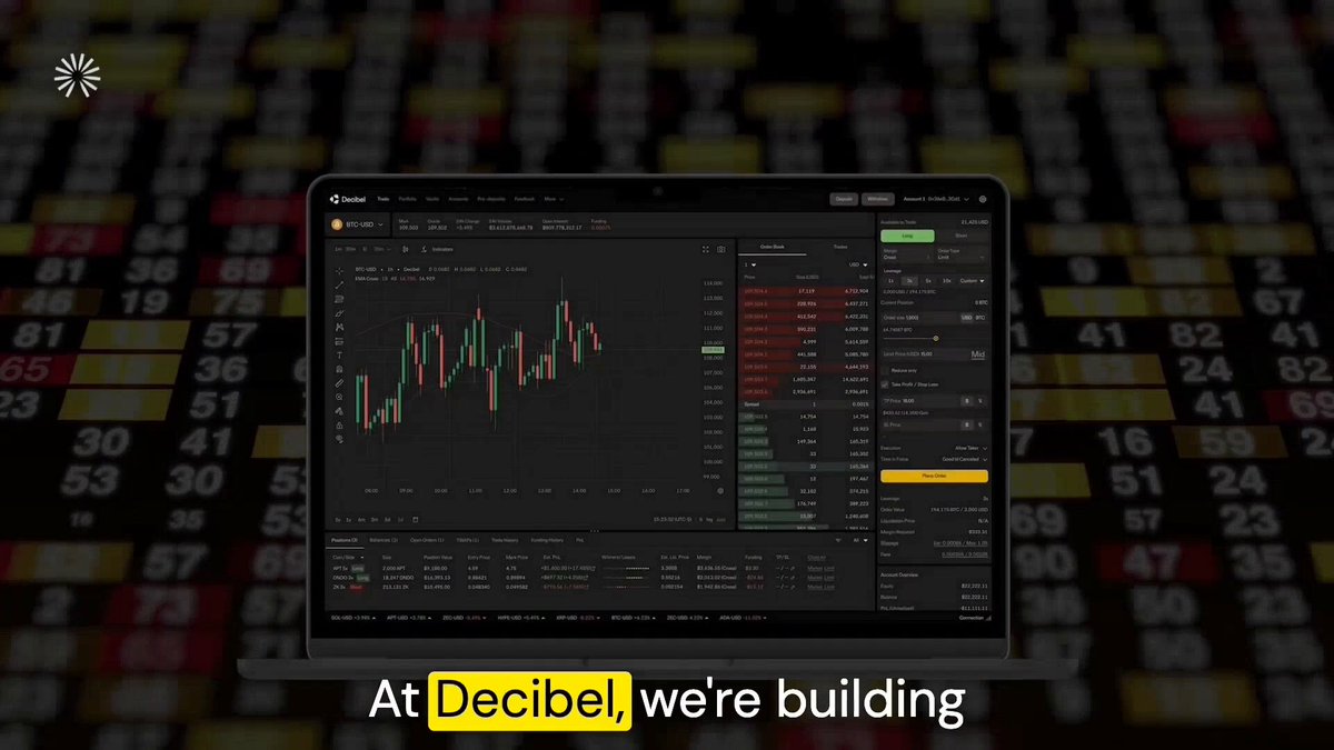 The image shows a close-up of a laptop displaying information about stock market trends, including real-time stock prices, graphs, and a news feed with recent market updates. The text below the screen explains that this content is about trading on Decibel Trade, an app for smart contracts focused on full-stack trading capabilities without intermediaries or middlemen.