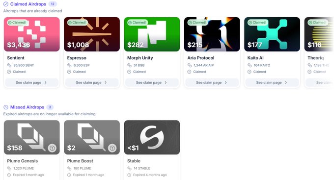 The image displays an airdrop claiming dashboard showing claimed airdrops (Sentient $3,436, Espresso $1,008, Morph Unity $282, Aria Protocol $215, Kaito AI $177, Theoriq $110) and missed/expired airdrops (Plume Genesis $158, Plume Boost $2, Stable <$1), with the post highlighting that users can still recover unused Solana rent via Alphecca's pump-recovery site.