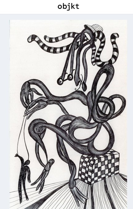 A surreal black and white illustration of tangled, serpentine ribbon-like forms with eyeballs and a small figure being pulled by strings, labeled 'objkt' at the top.