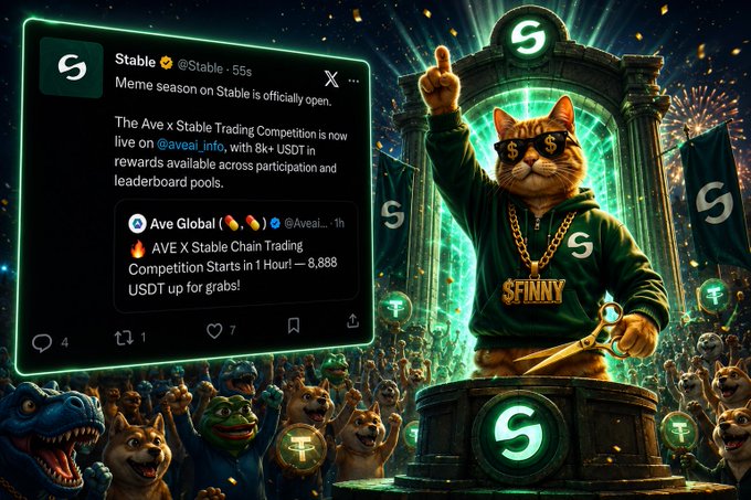 A stylized orange cat mascot wearing sunglasses and a "SFINNY" gold chain stands triumphantly on a podium adorned with Stable's "S" logo, surrounded by cheering meme characters and fireworks. An overlaid tweet from @Stable announces the "Meme season on Stable is officially open," promoting the Ave X Stable Chain Trading Competition with 8k+ USDT in rewards, aligning with the post's call to "Welcome to meme season" featuring tickers $FINNY, $FEFER, and $STABLE.