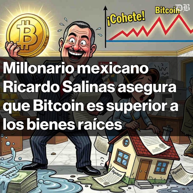 The image depicts an animated cartoon scene of a man dressed in formal wear standing next to a house, holding up a gold coin that says "Bitcoin" above his head. The background features various charts related to Bitcoin prices and economic trends. A caption suggests that Bitcoin has become superior to traditional forms of currency due to its rise in value over the past year.