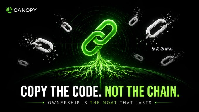 A green and black promotional graphic for 'CANOPY' and 'SANDA' featuring a glowing chain link with roots, displaying the text 'COPY THE CODE. NOT THE CHAIN.' and 'OWNERSHIP IS THE MOAT THAT LASTS'.