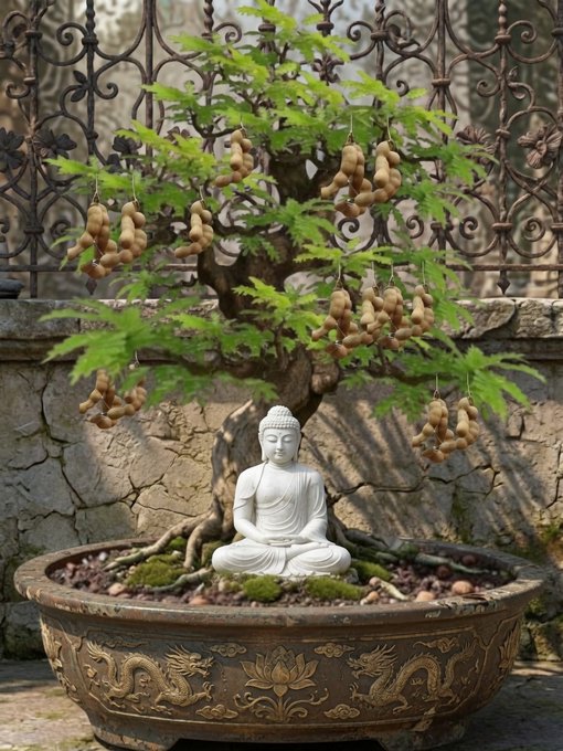 A small white Buddha statue sits in meditation pose in a decorative ceramic pot, with a bonsai-style tree bearing clusters of small round fruits growing above it, set against an ornate iron gate.