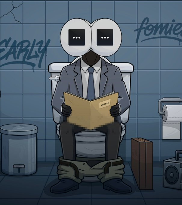 An illustration depicts a figure in a suit with rectangular black eyes sitting on a toilet and reading a book in a graffiti-covered restroom.