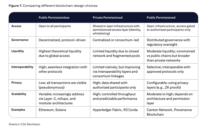 A Citi Institute table titled 'Figure 7. Comparing different blockchain design choices,' comparing Public Permissionless, Private Permissioned, and Public Permissioned blockchains across access, governance, liquidity, interoperability, privacy, scalability, and examples.