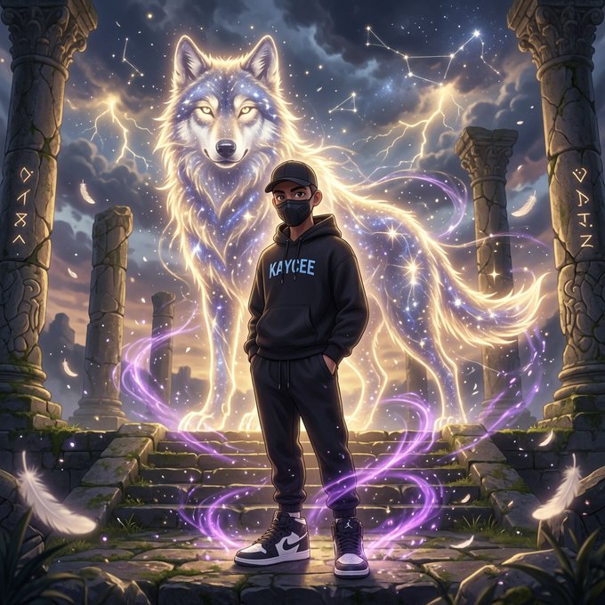 A digital artwork showing a masked figure in a black 'KAYCEE' hoodie standing before a glowing cosmic wolf spirit amid ancient stone pillars under a starry sky.