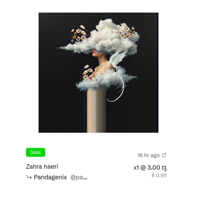 A digital art NFT sale listing for artwork titled 'Zahra haeri' by Pandagenix, sold for x1 @ 3.00 TG ($0.98) 15 hours ago, depicting a figure with clouds and flowers covering the face.