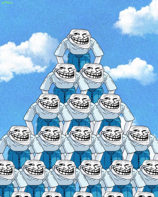 The image features a cartoon-like scene of a group of people wearing blue shirts, stacked one above the other with their arms outstretched as if they are flying or balancing on top of each other's shoulders. The sky behind them has fluffy white clouds, creating an interesting contrast between the cartoon characters and the natural elements in the background. The caption "GM $TROLL FAMILY" suggests that this image is related to a post about the GM $TROLL family, possibly as part of a discussion or social media post.

The image has been edited with a green filter applied to it, giving it a cartoon-like appearance and making the colors more vibrant. The use of the green filter also adds an artistic touch to the overall presentation of the image.