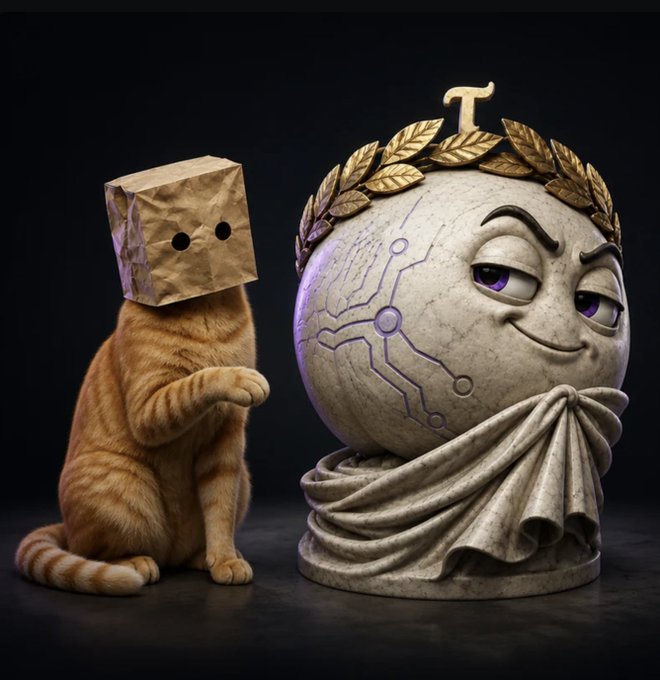 A 3D render featuring an orange tabby cat wearing a brown paper bag over its head sitting next to a marble sphere character with a face, wearing a golden laurel wreath and a Roman toga.