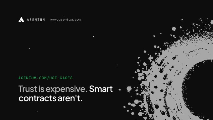Asentum advertisement with the tagline 'Trust is expensive. Smart contracts aren't.' directing to asentum.com/use-cases, featuring a swirling gray design element.