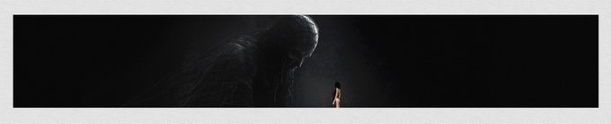 A dark, minimalist composition shows a silhouette of a large head facing a tiny illuminated figure.