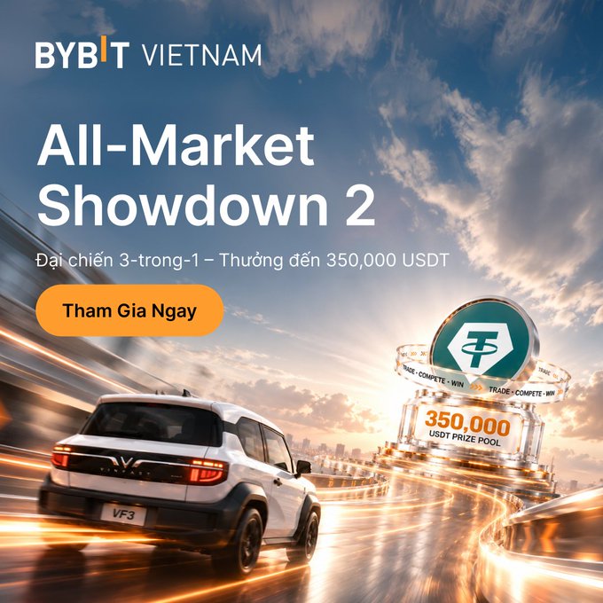 Promotional banner for BYBIT Vietnam's "All-Market Showdown 2" trading competition, featuring a 3-in-1 showdown with up to 350,000 USDT in prizes and a "Tham Gia Ngay" (Join Now) call-to-action button, illustrated with a speeding VF3 car and trophy.