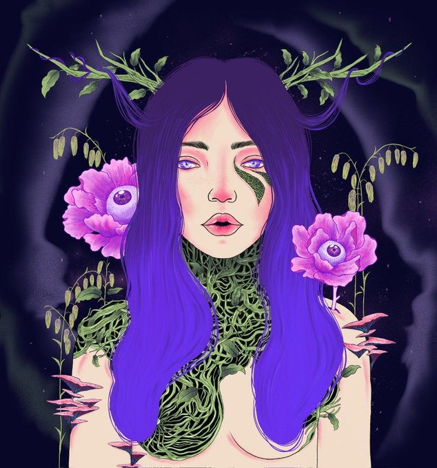 A digital illustration of a mystical woman with long purple hair, purple eyes, and flowers with eyebloom petals growing from her shoulders, set against a dark, swirling background.