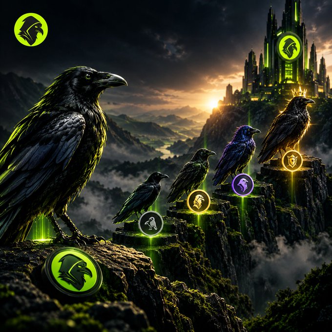 A fantasy digital illustration featuring several black and purple ravens perched on a rocky cliffside with glowing green circular icons, overlooking a valley and a distant glowing castle.