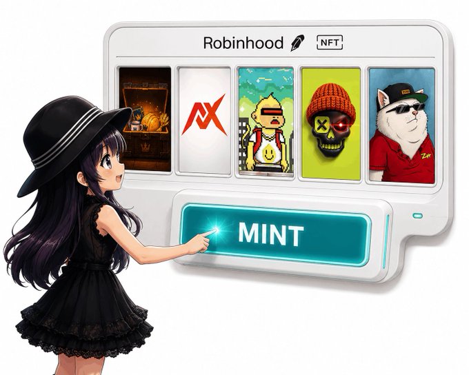 An illustration of an anime-style girl in a black dress and hat pressing a large 'MINT' button on a Robinhood NFT interface displaying various NFT collectibles.
