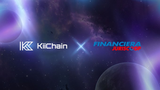 The image features a cosmic-themed promotional banner displaying the "KiiChain" logo alongside the "Financiera Juriscoop" branding, separated by a glowing "X" symbol, set against a space backdrop with planets and nebulae. This visual represents the partnership between KiiChain and Financiera Juriscoop to bring institutional FX liquidity and Colombian peso trading onchain.